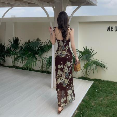 BY14830# 复古高品质花朵修身型显瘦度假连衣裙荷叶边鱼尾长裙女 服裝批發女裝批發服飾貨源