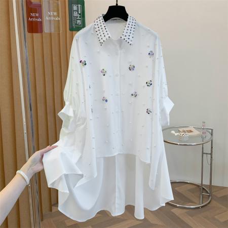 BY14831# 小众设计感亮片花中长款衬衫上衣宽松大码钉珠镶钻衬衫裙时尚 服裝批發女裝批發服飾貨源