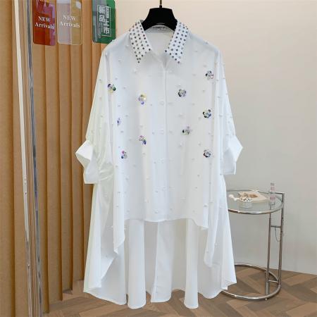 BY14831# 小众设计感亮片花中长款衬衫上衣宽松大码钉珠镶钻衬衫裙时尚 服裝批發女裝批發服飾貨源