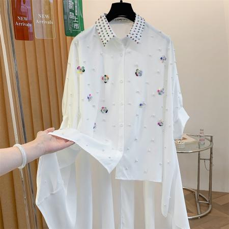 BY14831# 小众设计感亮片花中长款衬衫上衣宽松大码钉珠镶钻衬衫裙时尚 服裝批發女裝批發服飾貨源