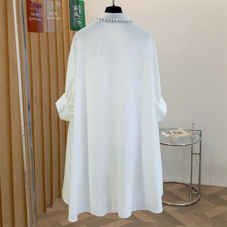 BY14831# 小众设计感亮片花中长款衬衫上衣宽松大码钉珠镶钻衬衫裙时尚 服裝批發女裝批發服飾貨源