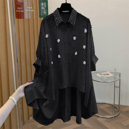 BY14831# 小众设计感亮片花中长款衬衫上衣宽松大码钉珠镶钻衬衫裙时尚 服裝批發女裝批發服飾貨源
