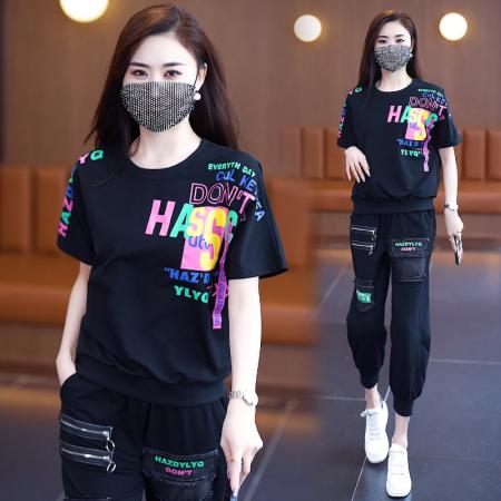 BY14834# 夏季新款套装女宽松奥代尔拼接牛仔印花短袖两件套潮流大码女装 服裝批發女裝批發服飾貨源