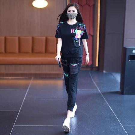 BY14834# 夏季新款套装女宽松奥代尔拼接牛仔印花短袖两件套潮流大码女装 服裝批發女裝批發服飾貨源