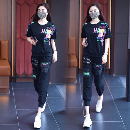 BY14834# 夏季新款套装女宽松奥代尔拼接牛仔印花短袖两件套潮流大码女装 服裝批發女裝批發服飾貨源