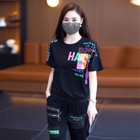 BY14834# 夏季新款套装女宽松奥代尔拼接牛仔印花短袖两件套潮流大码女装 服裝批發女裝批發服飾貨源