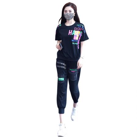 BY14834# 夏季新款套装女宽松奥代尔拼接牛仔印花短袖两件套潮流大码女装 服裝批發女裝批發服飾貨源