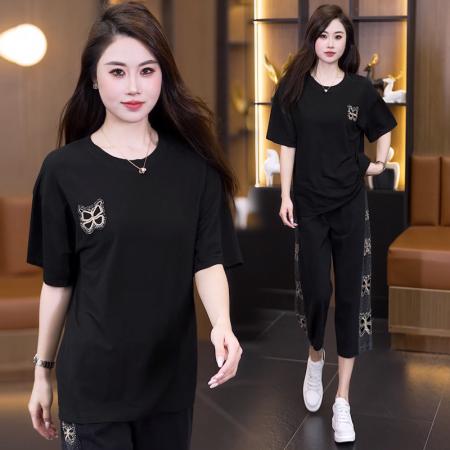 BY14835# 夏季新款套装女宽松拼接牛仔裤重工镂空刺绣烫钻圆领两件套 服裝批發女裝批發服飾貨源