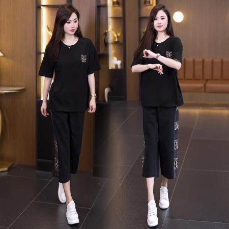 BY14835# 夏季新款套装女宽松拼接牛仔裤重工镂空刺绣烫钻圆领两件套 服裝批發女裝批發服飾貨源