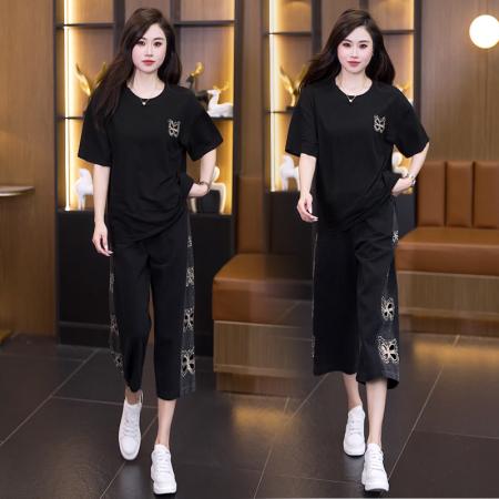 BY14835# 夏季新款套装女宽松拼接牛仔裤重工镂空刺绣烫钻圆领两件套 服裝批發女裝批發服飾貨源