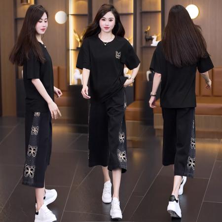 BY14835# 夏季新款套装女宽松拼接牛仔裤重工镂空刺绣烫钻圆领两件套 服裝批發女裝批發服飾貨源