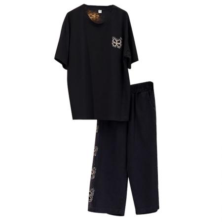 BY14835# 夏季新款套装女宽松拼接牛仔裤重工镂空刺绣烫钻圆领两件套 服裝批發女裝批發服飾貨源