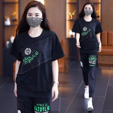 BY14836# 夏季新款时尚套装女胖MM潮流拼接牛仔印花短袖两件套大码女装 服裝批發女裝批發服飾貨源