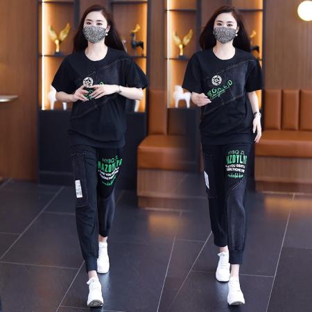 BY14836# 夏季新款时尚套装女胖MM潮流拼接牛仔印花短袖两件套大码女装 服裝批發女裝批發服飾貨源