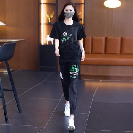 BY14836# 夏季新款时尚套装女胖MM潮流拼接牛仔印花短袖两件套大码女装 服裝批發女裝批發服飾貨源