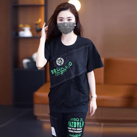 BY14836# 夏季新款时尚套装女胖MM潮流拼接牛仔印花短袖两件套大码女装 服裝批發女裝批發服飾貨源