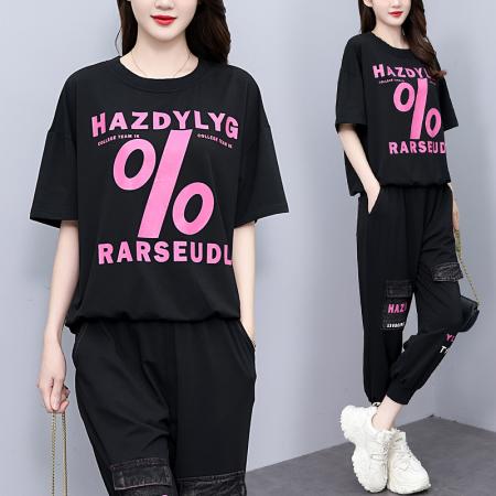 BY14837# 夏季新款套装女宽松拼接牛仔印花时尚短袖两件套大码女装 服裝批發女裝批發服飾貨源