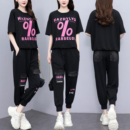 BY14837# 夏季新款套装女宽松拼接牛仔印花时尚短袖两件套大码女装 服裝批發女裝批發服飾貨源