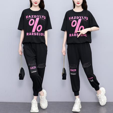 BY14837# 夏季新款套装女宽松拼接牛仔印花时尚短袖两件套大码女装 服裝批發女裝批發服飾貨源