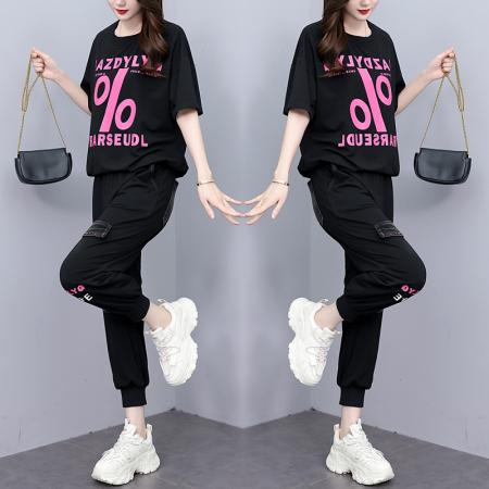 BY14837# 夏季新款套装女宽松拼接牛仔印花时尚短袖两件套大码女装 服裝批發女裝批發服飾貨源