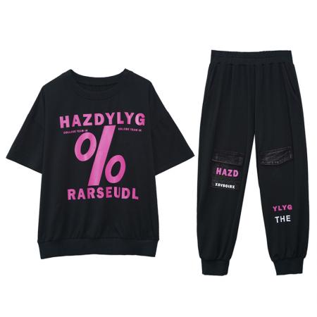 BY14837# 夏季新款套装女宽松拼接牛仔印花时尚短袖两件套大码女装 服裝批發女裝批發服飾貨源