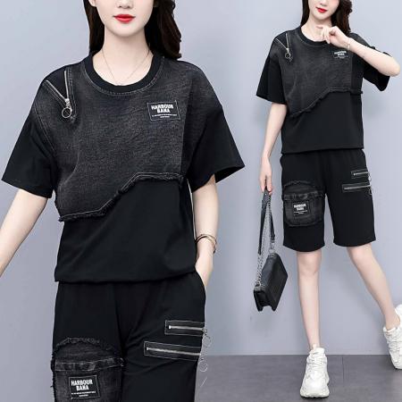 BY14838# 夏季套装女宽松拼接牛仔短袖五分裤两件套时尚个性大码女装 服裝批發女裝批發服飾貨源