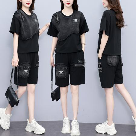 BY14838# 夏季套装女宽松拼接牛仔短袖五分裤两件套时尚个性大码女装 服裝批發女裝批發服飾貨源