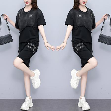 BY14838# 夏季套装女宽松拼接牛仔短袖五分裤两件套时尚个性大码女装 服裝批發女裝批發服飾貨源