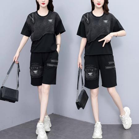 BY14838# 夏季套装女宽松拼接牛仔短袖五分裤两件套时尚个性大码女装 服裝批發女裝批發服飾貨源