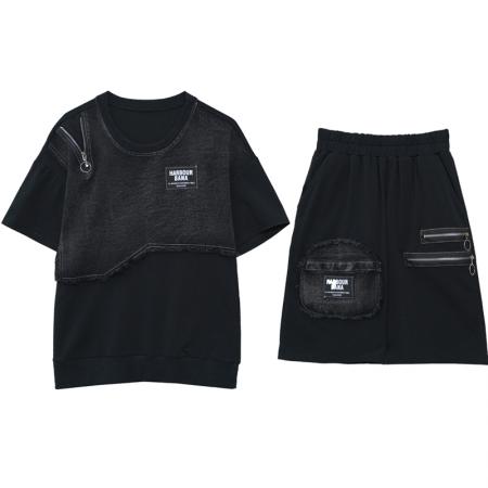 BY14838# 夏季套装女宽松拼接牛仔短袖五分裤两件套时尚个性大码女装 服裝批發女裝批發服飾貨源