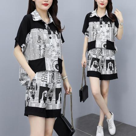 BY14839# 夏季新款时尚套装女宽松印花摩登短袖两件套潮流大码女装 服裝批發女裝批發服飾貨源