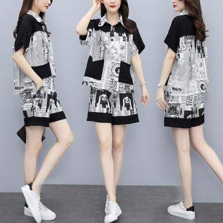BY14839# 夏季新款时尚套装女宽松印花摩登短袖两件套潮流大码女装 服裝批發女裝批發服飾貨源