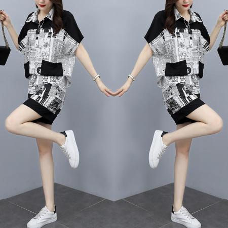 BY14839# 夏季新款时尚套装女宽松印花摩登短袖两件套潮流大码女装 服裝批發女裝批發服飾貨源