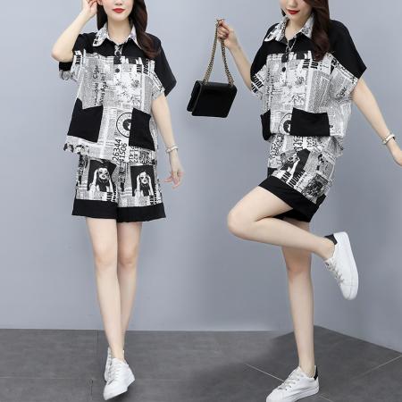 BY14839# 夏季新款时尚套装女宽松印花摩登短袖两件套潮流大码女装 服裝批發女裝批發服飾貨源