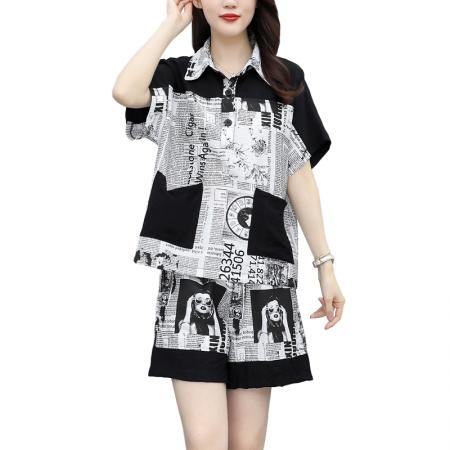 BY14839# 夏季新款时尚套装女宽松印花摩登短袖两件套潮流大码女装 服裝批發女裝批發服飾貨源