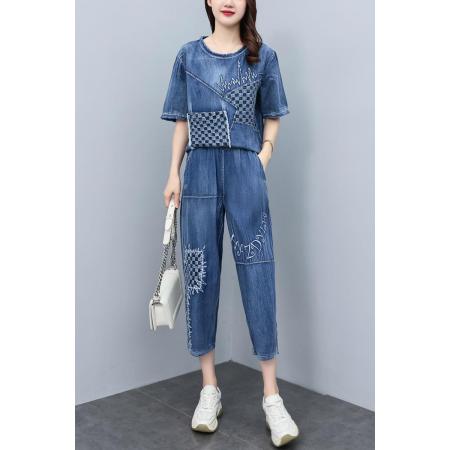 BY14840# 新款时尚套装女圆领宽松刺绣拼接格子短袖牛仔套装大码女装 服裝批發女裝批發服飾貨源