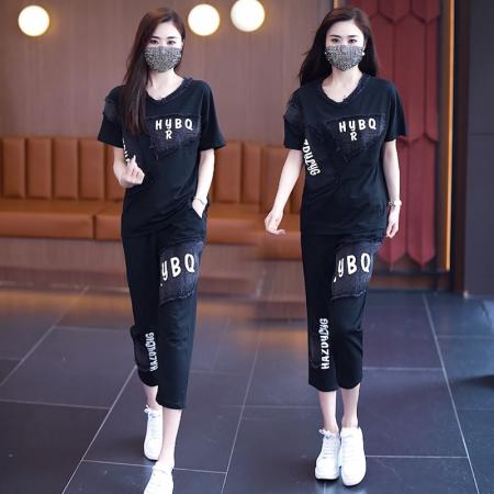 BY14841# 夏季新款套装女宽松奥代尔拼接牛仔印花短袖两件套潮流大码女装 服裝批發女裝批發服飾貨源