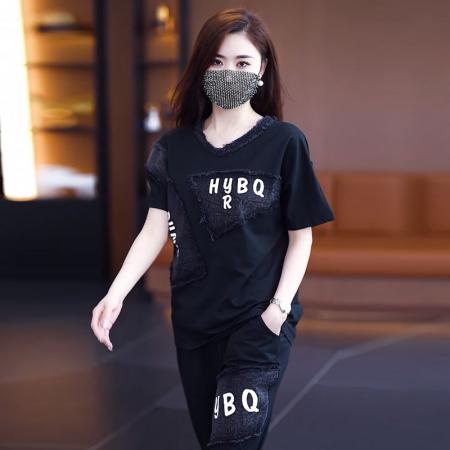 BY14841# 夏季新款套装女宽松奥代尔拼接牛仔印花短袖两件套潮流大码女装 服裝批發女裝批發服飾貨源