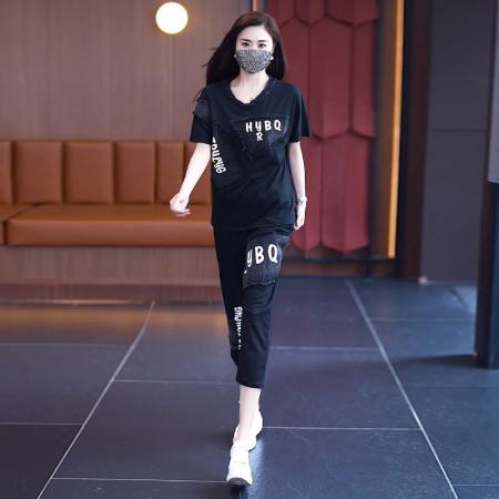 BY14841# 夏季新款套装女宽松奥代尔拼接牛仔印花短袖两件套潮流大码女装 服裝批發女裝批發服飾貨源