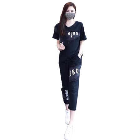 BY14841# 夏季新款套装女宽松奥代尔拼接牛仔印花短袖两件套潮流大码女装 服裝批發女裝批發服飾貨源