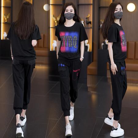 BY14842# 夏季新款斜纹奥代尔拼接牛仔套装宽松个性印花短袖两件套 服裝批發女裝批發服飾貨源