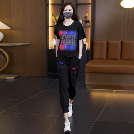 BY14842# 夏季新款斜纹奥代尔拼接牛仔套装宽松个性印花短袖两件套 服裝批發女裝批發服飾貨源