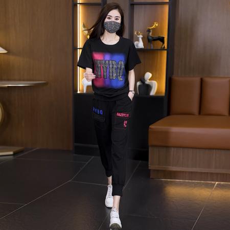 BY14842# 夏季新款斜纹奥代尔拼接牛仔套装宽松个性印花短袖两件套 服裝批發女裝批發服飾貨源