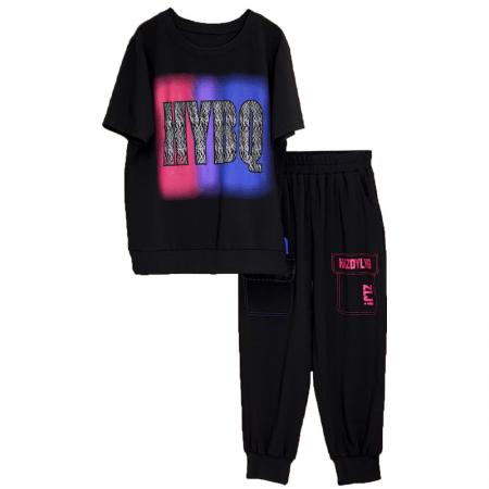 BY14842# 夏季新款斜纹奥代尔拼接牛仔套装宽松个性印花短袖两件套 服裝批發女裝批發服飾貨源