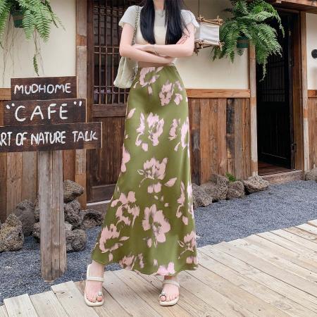 BY14843# 新高级醋酸锻面立体印花亲肤包臀鱼尾长裙松紧腰中长裙 服裝批發女裝批發服飾貨源