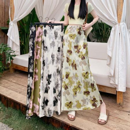 BY14843# 新高级醋酸锻面立体印花亲肤包臀鱼尾长裙松紧腰中长裙 服裝批發女裝批發服飾貨源