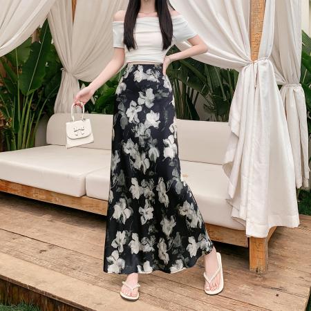 BY14843# 新高级醋酸锻面立体印花亲肤包臀鱼尾长裙松紧腰中长裙 服裝批發女裝批發服飾貨源