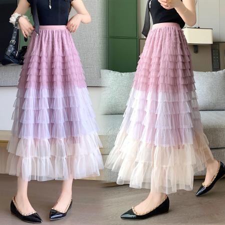 BY14844# 重工拼接印花网纱蛋糕裙半身裙女新款显瘦裙子长裙半裙伞裙四季款 服裝批發女裝批發服飾貨源