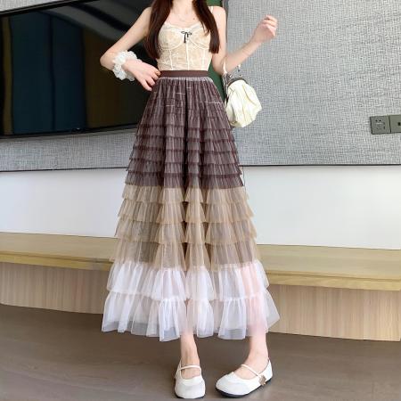 BY14844# 重工拼接印花网纱蛋糕裙半身裙女新款显瘦裙子长裙半裙伞裙四季款 服裝批發女裝批發服飾貨源