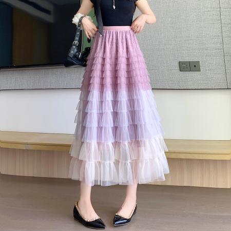 BY14844# 重工拼接印花网纱蛋糕裙半身裙女新款显瘦裙子长裙半裙伞裙四季款 服裝批發女裝批發服飾貨源